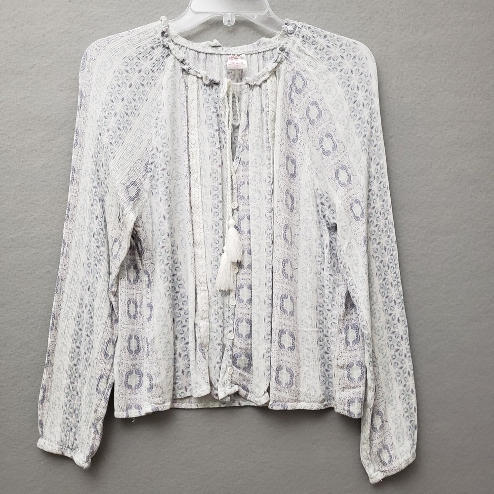 No Boundaries Womens XL Peasant White Blue Medallion Tassel Boho Rayon Top Gauze